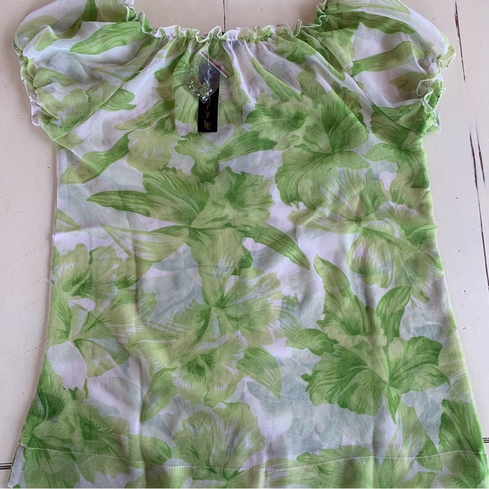 NWT Raga Beaded Short Puff Sleeve Tee - Size Medium Tie Front Green Tunic Top - Picture 7 of 9